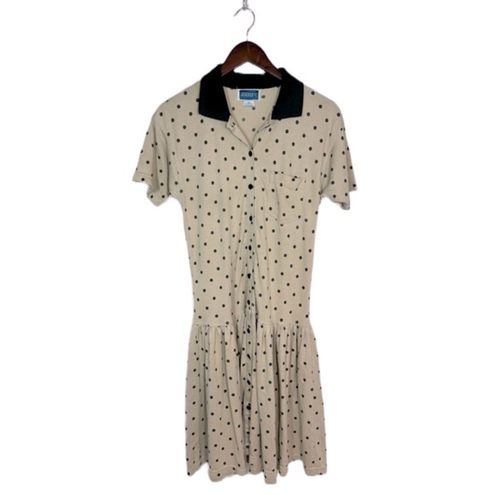 Jenifer V Drop Waist Polka Dot Midi Dress Short Slv Tan Pullover, Collar, Size M